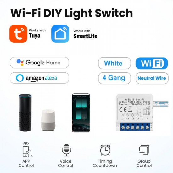 Mini switch 4 voies WIFI Avec neutre tuya  AVATTO WSM16-4GANG