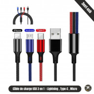 Cable de chargeur USB 3 en 1  Type C , Lightning , micro   Cable de chargeur USB 3 en 1  Type C , Lightning , micro