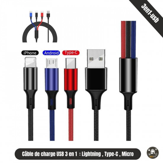 Cable de chargeur USB 3 en 1 Type C , Lightning , micro Cable de chargeur USB 3 en 1 Type C , Lightning , micro