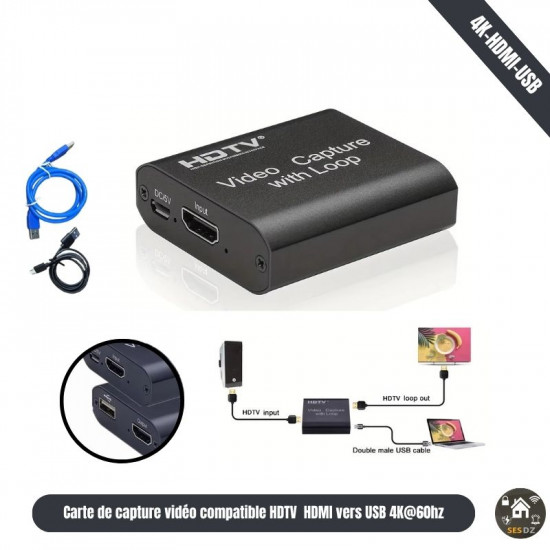 Carte de capture vidéo compatible HDTV HDMI vers USB 4K@60hz avec cable usb-usb et cable charge Carte de capture vidéo compatible HDTV HDMI vers USB 4K@60hz avec cable usb-usb et cable charge