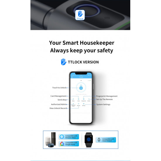 Serrure Biométrique Intelligente Ttlock BLETOUTH Ouverture Par Application , Carte Mifare , Empreinte et  Clées