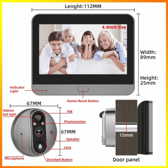 Caméra de porte Judas numérique connecté Wi-Fi 3MP – RH-PD8 – Tuya Écran 4,3″ – Batterie 5000 mAh