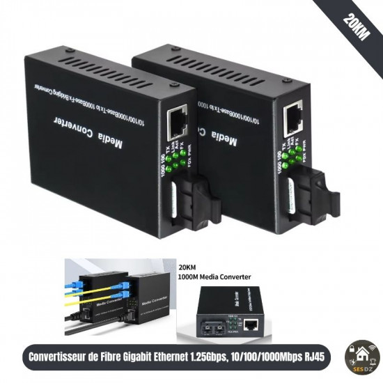 Convertisseur de fibre Gigabit Ethernet 1.25Gbps, 10/100/1000Mbps RJ45 jusqu'à 20km. GSS-11S20CAB Convertisseur de fibre Gigabit Ethernet 1.25Gbps, 10/100/1000Mbps RJ45 jusqu'à 20km. GSS-11S20CAB