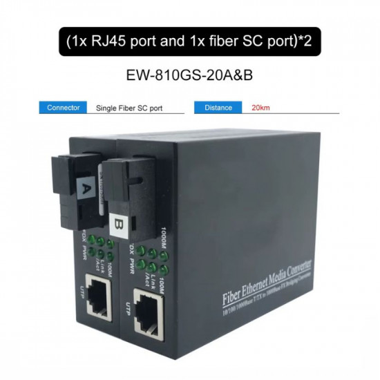 Convertisseur de fibre Gigabit Ethernet 1.25Gbps, 10/100/1000Mbps RJ45 jusqu'à 20km. GSS-11S20CAB Convertisseur de fibre Gigabit Ethernet 1.25Gbps, 10/100/1000Mbps RJ45 jusqu'à 20km. GSS-11S20CAB