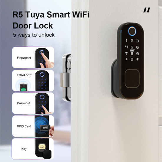 Serrure de porte intelligente R5 Tuya  déverrouillage Wifi  empreinte biométrique et RFID