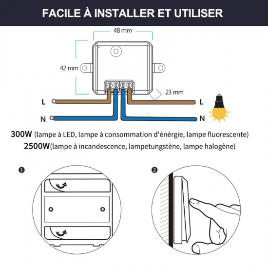 Kit Interrupteur Sans Fils , Sans Pile, Récepteur MINI TAILLE, Portée 200M RF 433Mhz, Energie Cinétique  GISF-2705