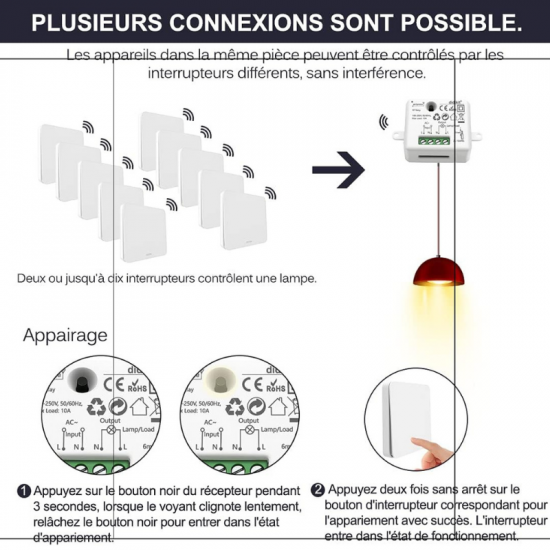 Kit Interrupteur Sans Fils , Sans Pile, Récepteur MINI TAILLE, Portée 200M RF 433Mhz, Energie Cinétique  GISF-2705