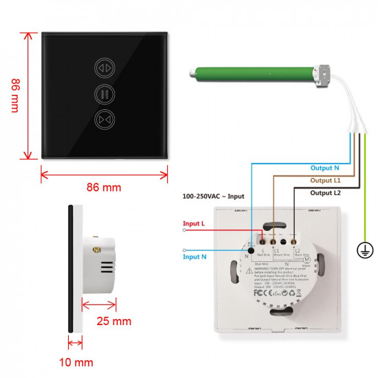 Interrupteur tactile Noir connecté et intelligent pour rideaux et volet roulant électrique wifi et RF433 Moes WS-EUR-CW