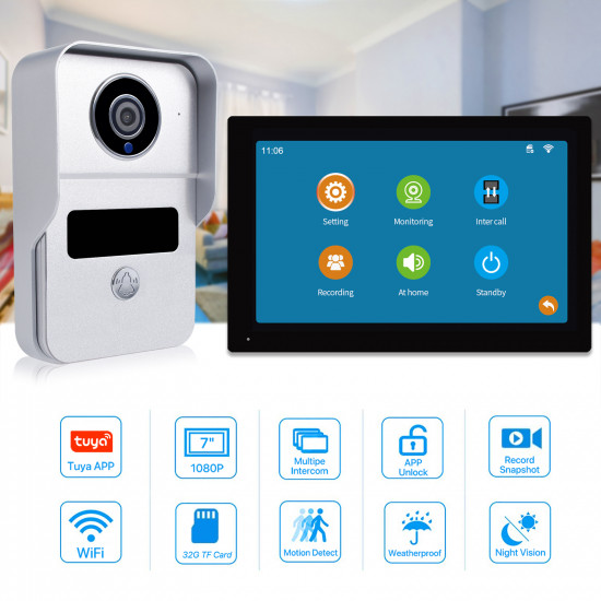 Tuya Video Doorbell with 7" Smart Monitor and Door Access Control with NVR Option GY-AHD7-2C White Tuya Video Doorbell with 7" Smart Monitor and Door Access Control with NVR Option GY-AHD7-2C White