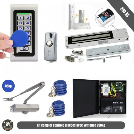 Pack Contrôle d’Accès Complet avec Ventouse Électromagnétique 280KG avec ferme porte Pack Contrôle d’Accès Complet avec Ventouse Électromagnétique 280KG avec ferme porte
