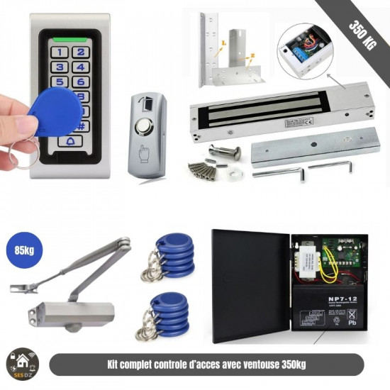 Pack Contrôle d’Accès Complet avec Ventouse Électromagnétique 350KG avec ferme porte Pack Contrôle d’Accès Complet avec Ventouse Électromagnétique 350KG avec ferme porte