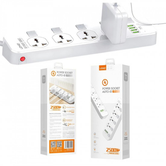 Multiprise rallonge LDNIO  4 ports USB, 4 prises espacées  fiche britannique avec bouton pour chaque prise