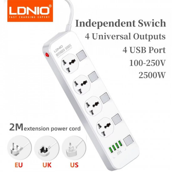Multiprise rallonge LDNIO  4 ports USB, 4 prises espacées  fiche britannique avec bouton pour chaque prise