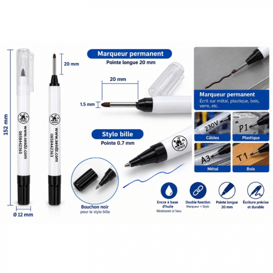 Marqueur permanent à pointe longue + Stylo bille 2-en-1 – Spécial techniciens 