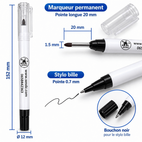 Marqueur permanent à pointe longue + Stylo bille 2-en-1 – Spécial techniciens 