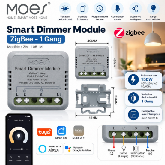 Module Variateur d'Éclairage Dimmer  Zigbee 3.0 – 1 Canal – 150W – Tuya MOES ZM-105-M