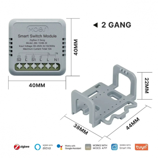 Module recepteur  Interrupteur Intelligent Zigbee – 2 Canaux 10A – Tuya MOES ZM4LT2
