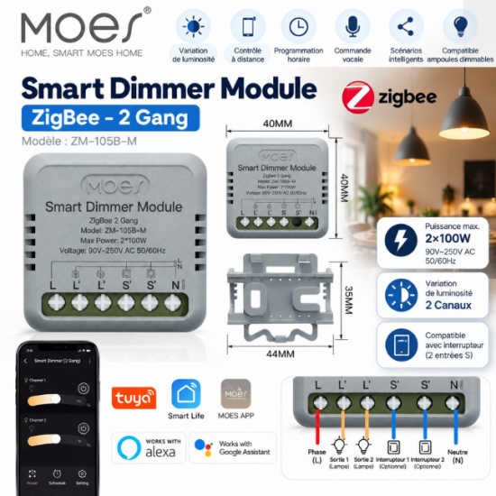 Module Variateur d'Éclairage Dimmer Zigbee 3.0 – 2 Canaux – Tuya MOES ZM-105B-M