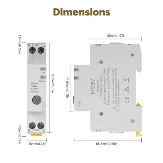  Disjoncteur Intelligent Zigbee 63A – Protection Réglable, Compteur d'Énergie et Commande à Distance Tuya MOES ZCB-A5-63A