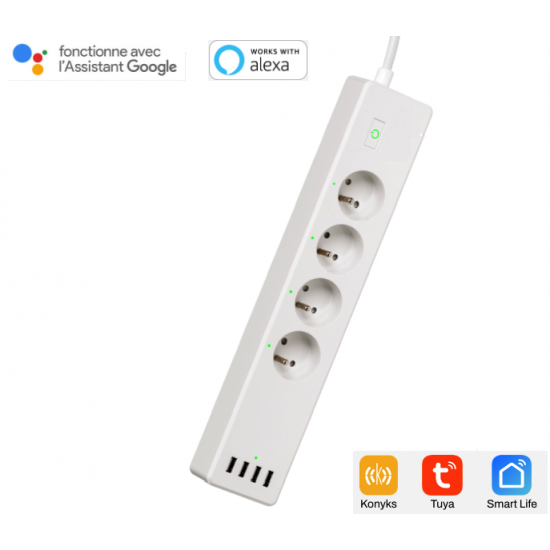Multiprise connectée avec 4 prises + 4 ports USB Application tuya , konyx , compatible alexa et googleHome Multiprise connectée avec 4 prises + 4 ports USB Application tuya , konyx , compatible alexa et googleHome