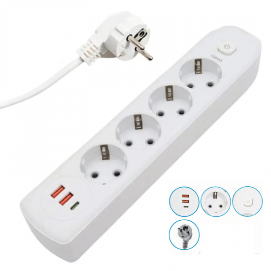 Rallonge pour 4 prises + 2 USB, Type-c, 2 m, Q603, Blanc Rallonge pour 4 prises + 2 USB, Type-c, 2 m, Q603, Blanc
