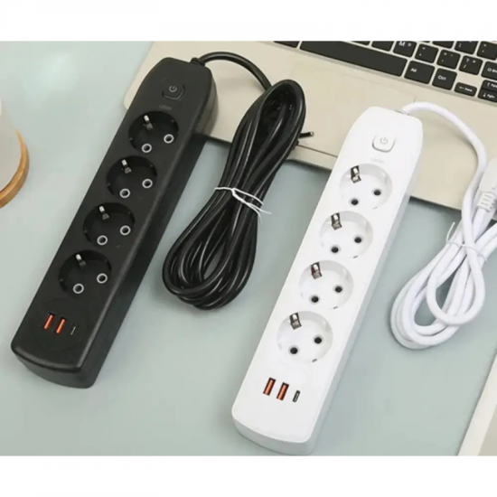 Rallonge pour 4 prises + 2 USB, Type-c, 2 m, Q603, Blanc Rallonge pour 4 prises + 2 USB, Type-c, 2 m, Q603, Blanc