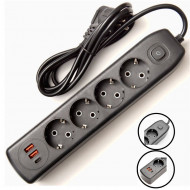 Rallonge pour 4 prises + 2 USB, Type-c, 2 m, Q603, Noir Rallonge pour 4 prises + 2 USB, Type-c, 2 m, Q603, Noir