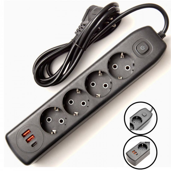 Rallonge pour 4 prises + 2 USB, Type-c, 2 m, Q603, Noir Rallonge pour 4 prises + 2 USB, Type-c, 2 m, Q603, Noir