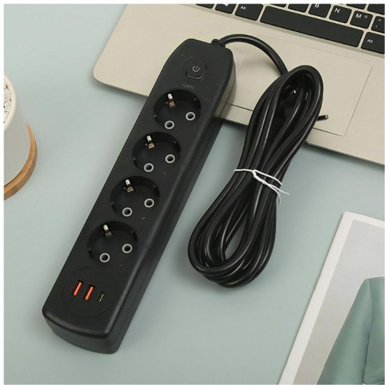 Rallonge pour 4 prises + 2 USB, Type-c, 2 m, Q603, Noir Rallonge pour 4 prises + 2 USB, Type-c, 2 m, Q603, Noir