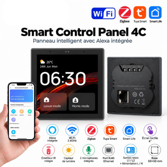 Smart Control Panel 4C – Écran tactile 4" Tuya Smart Life avec Alexa, passerelle Zigbee 3.0, Bluetooth Mesh et télécommande IR