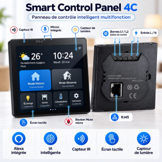 Smart Control Panel 4C – Écran tactile 4" Tuya Smart Life avec Alexa, passerelle Zigbee 3.0, Bluetooth Mesh et télécommande IR