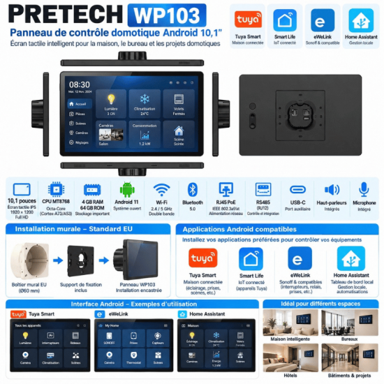 Panneau de Contrôle Domotique Android 10,1″ Pretech WP103 – Écran Tactile Wi-Fi / PoE – Installation Murale Standard EU