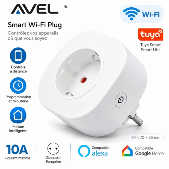 Prise Intelligente Wi-Fi TUYA AVEL – 10A – Standard Européen