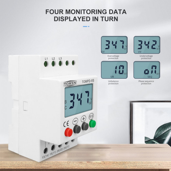 3 Phase Din rail adjustable Under Over Voltage Protector Voltage Monitoring Sequence Protection Relay Tomzn TOMPD-8S 3 Phase Din rail adjustable Under Over Voltage Protector Voltage Monitoring Sequence Protection Relay Tomzn TOMPD-8S