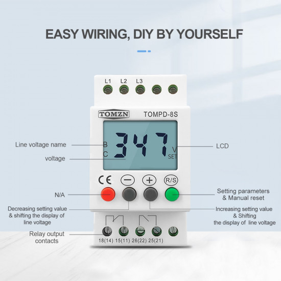 3 Phase Din rail adjustable Under Over Voltage Protector Voltage Monitoring Sequence Protection Relay Tomzn TOMPD-8S 3 Phase Din rail adjustable Under Over Voltage Protector Voltage Monitoring Sequence Protection Relay Tomzn TOMPD-8S