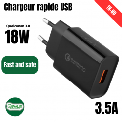 Chargeur rapide 18W Qualcomm 3.0  REVALEO TK-80 Noir Chargeur rapide 18W Qualcomm 3.0  REVALEO TK-80 Noir