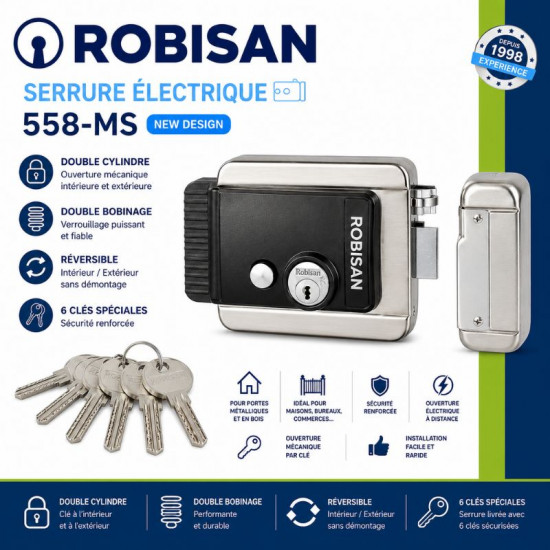 Serrure Électrique ROBISAN 558-MS Double Cylindre – Double Bobinage – Réversible Intérieur / Extérieur