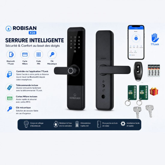 Serrure Biométrique Intelligent Bluetooth TTlock ROBISAN X26 ( Deverrouillage Par Empreinte , Code , App , Clée et TAG Mifare )