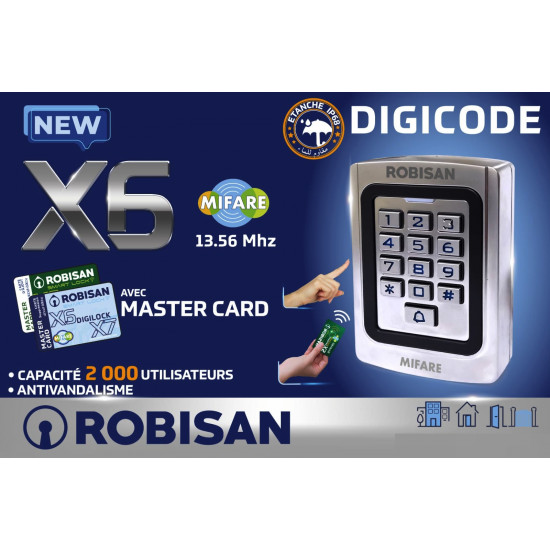 Clavier de controle d'accès ( Digicode ) étanche IP68 Mifare Crypté ROBISAN X6-CRYPTO