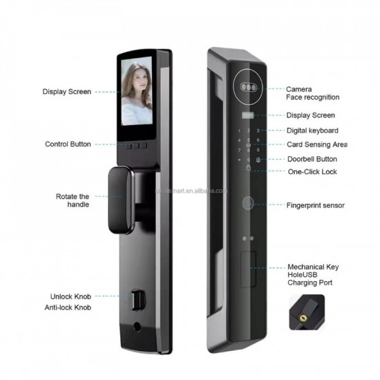 Serrure intélligente JRP Noir biométrique avec caméra Pour porte extérieure Tuya empreintes digitale , code , faciale et carte ic et code