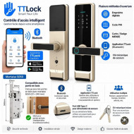 Serrure intelligente biomértique finition doré TTLock Bluetooth – Empreinte, Code, Carte MIFARE – Mortaise 5050 