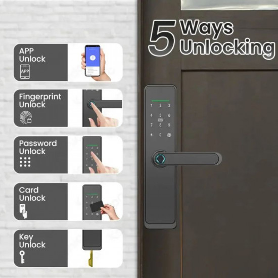 Serrure intelligente biomértique finition Argent TTLock Bluetooth – Empreinte, Code, Carte MIFARE – Mortaise 5050 