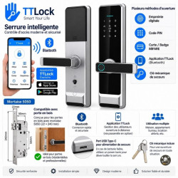 Serrure intelligente biomértique finition Argent TTLock Bluetooth – Empreinte, Code, Carte MIFARE – Mortaise 5050 
