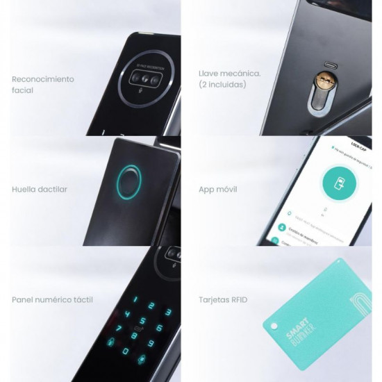 Serrure intelligente Porte extérieure JRP avec reconnaissance faciale Wi-Fi, 6 méthodes d'ouverture : reconnaissance faciale, empreinte digitale, application, code, RFID, clé physique