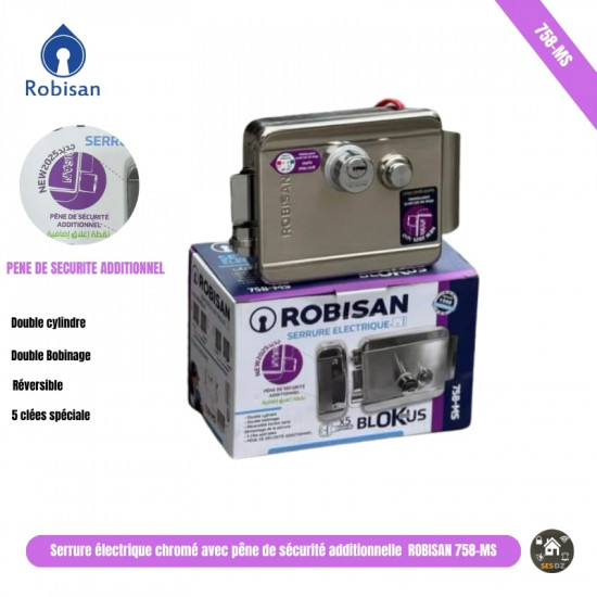 Serrure électrique chromé avec pêne de sécurité additionnelle  ROBISAN 758-MS