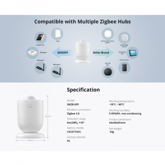 Détecteur de Mouvement PIR ZigBee SONOFF SNZB-03P compatible Ewelink , alexa , googleHome