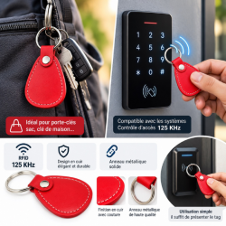 Porte-Clés RFID 125 kHz en Cuir rouge – Badge de Contrôle d’Accès