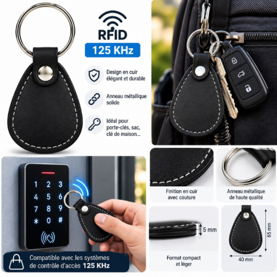 Porte-Clés RFID 125 kHz en Cuir Noir – Badge de Contrôle d’Accès