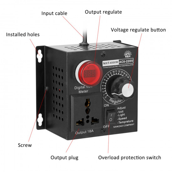 Régulateur de tension électronique en silicium, haute puissance 4000W, contrôleur électrique à vitesse Variable 0V-220V-AC Régulateur de tension électronique en silicium, haute puissance 4000W, contrôleur électrique à vitesse Variable 0V-220V-AC