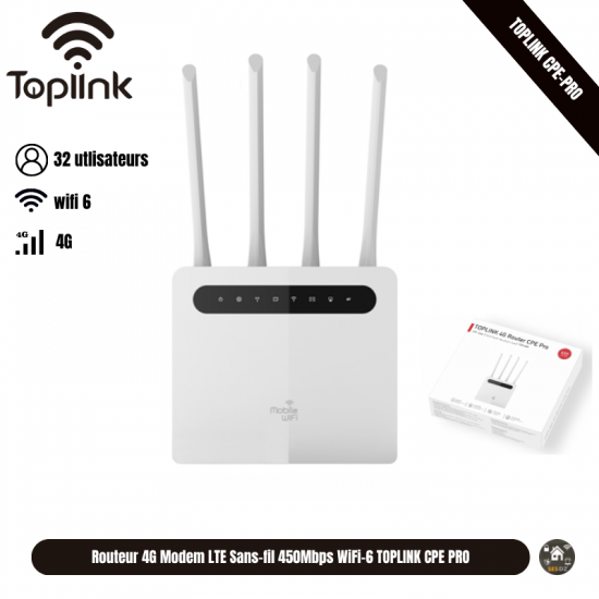 Routeur 4G Modem LTE Sans-fil 4 antennes 450Mbps WiFi6 TOPLINK CPE Pro Routeur 4G Modem LTE Sans-fil 4 antennes 450Mbps WiFi6 TOPLINK CPE Pro